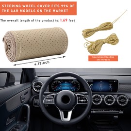Dickno Car Steering Wheel Cover, Anti-Slip Stitch on Wrap Steering Wheel Protector for Max Diameter 15 Inch, DIY Sewing with Needle Thread, Universal Auto Accessories (Beige, Full Hole)