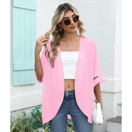 LILBETTER Women Lightweight Chiffon Cardigan Puff Sleeve with Lace Loose Beach Wear Cover Up Blouse Top(Light Pink, XX-Large)