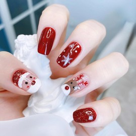 Christmas Press on Nails Short Square Fake Nails Santa Claus Elk Snowflake Designs Red Full Cover Glue on Nails Press ons Xmas False Nails Acrylic Stick on Nails for Women 24 Pcs