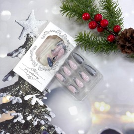 Christmas Press on Nails Medium Almond Fake Nails French Swirl Silver Glitters Design False Nails Full Cover Snowflake Acrylic Nails Glossy Christmas Stick on Nails for Women Girls DIY Nail Manicure