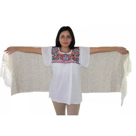 Handmade Beige & White Mexican Rebozo Scarf - Shawl Wrap