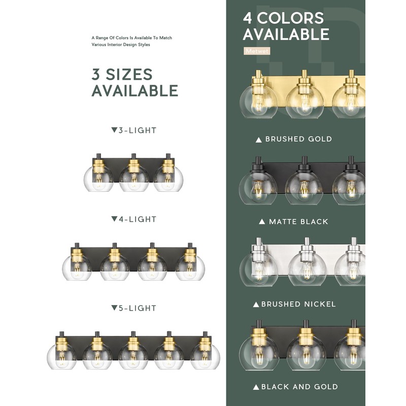 METWET Bathroom Light Fixtures, 3-Light Black and Gold Bathroom Vanity