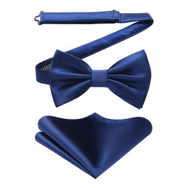 HISDERN Pre-tied Bow Ties for Men Adjustable Tuxedo Two Layer Navy Blue Bow Tie and Pocket Square Set for Wedding Parties