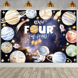 Reach Four The Stars Space Theme Children Birthday Background 4th Birthday Party Kids Astronaut Themed Birthday Party Decoration Boy Girl Birthday Party Photography Decorations Banner (8X6FT)