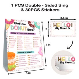 What is Your Donut Name Game, Donut Birthday Party Sign for Girls, Wedding, Anniversary, Holiday Activity, Kids Donut Activity Cards(1 Donut Theme Sign and 30 Name Tag Stickers)