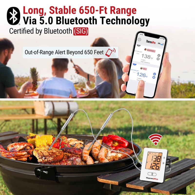 ThermoPro TP910 650FT Bluetooth Meat Thermometer for Smokers, Rechargeable Wireless