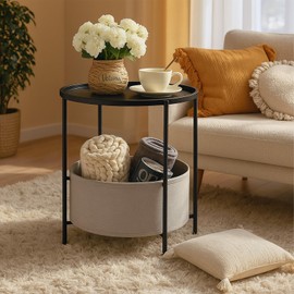 ShellKingdom End Table, Small Round Side Table with Fabric Basket, Metal Night Stand with Removable Tray for Living Room, Bedroom, Nursery, Laundry (Black)
