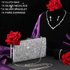 Mixweer 4 Pieces Clutch Purses Bag for Women Evening Rhinestone Jewelry Set Bling Necklace Earrings Bracelets Set for Wedding (Simple Style)