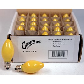 Box of 25 Light Bulbs -Opaque Yellow, Steady Burning, 7 Watt, C7 -E12 Candelabra Base -Great for Night Lights, Decorative Lights and Christmas Strings