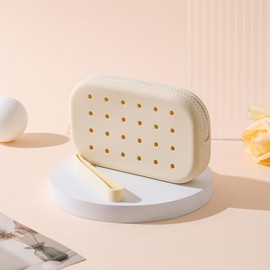 JOVAKIT Small Portable Silicone Makeup Bag for Women with Decorative Holes, Travel Waterproof Toiletry Cosmetic Bag Gifts for Women, Zipper Closure Makeup Case with Handle (White)