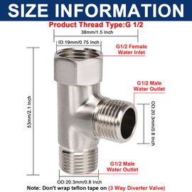 NearMoon Solid Brass G1/2" 3 Way Diverter Valve - Hose Fitting Tee, T Shape Adapter Connector for Angle Valve Hose, Bath Shower Arm, and Toilet Bidet Sprayer Faucet (Brushed Nickel)