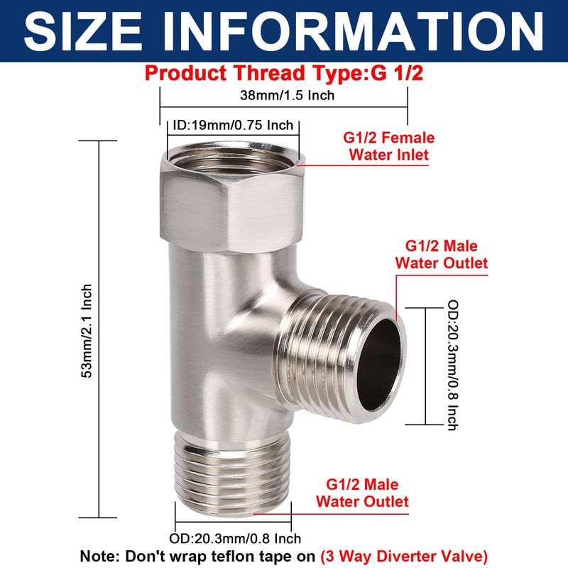 NearMoon Solid Brass G1/2" 3 Way Diverter Valve - Hose