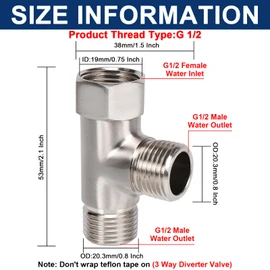 NearMoon Solid Brass G1/2" 3 Way Diverter Valve - Hose Fitting Tee, T Shape Adapter Connector for Angle Valve Hose, Bath Shower Arm, and Toilet Bidet Sprayer Faucet (Brushed Nickel)