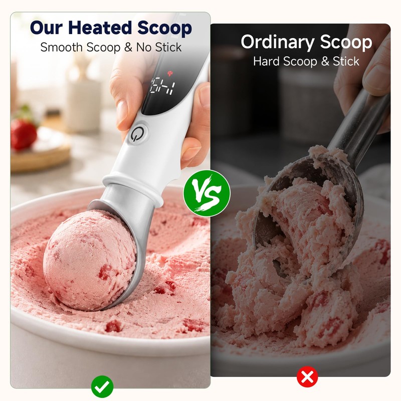 Rechargeable Heated Ice Cream Scoop with LED Display, Safety On/Off