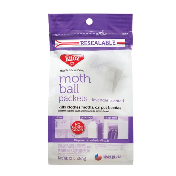 Enoz Lavender Scented Moth Ball Packets, Kills Clothes Moths, Carpet Beetles, Eggs and Larvae, 12 oz Resealable Bag