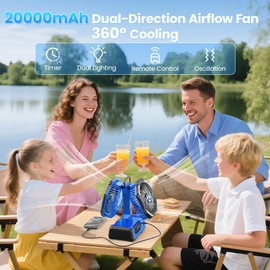 Dual Head Portable Rechargeable Fan 20000mAh Battery Powered Camping Fan Cordless with LED Lantern & Remote, Auto Oscillation, Hook, Battery Operated for Tent Office Travel Picnic Jobsite Orange