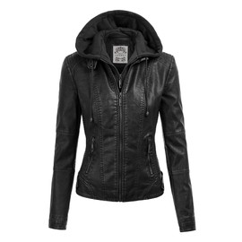 Made By Johnny MBJ WJC1044 Womens Faux Leather Quilted Motorcycle Jacket with Hoodie L Black
