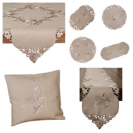 Tablecloth Table Runner Doilies Cushion Cover Autumn Beige Brown Embroidered with Leaves Linen Look (Round 60 cm)