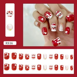Christmas Press on Nails Short Square Fake Nails Full Cover Red Glue on Nails with Santa Claus Christmas Tree designs Cute False Nails Glossy Xmas Stick on Nails for Women Party Manicure24pcs