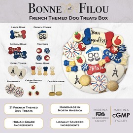 Bonne et Filou French Style Dog Treats, Gourmet Gift Box, 21 Luxury Macarons, Truffles & Bone Cookies, Healthy & Delicious Snacks for Medium to Large Dogs