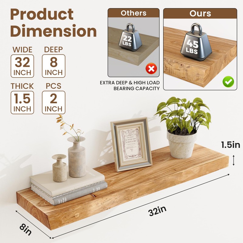 Acovy Floating Shelves, 8" Deep Rustic Solid Wood Wall Mounted