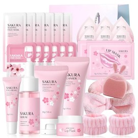 Sakura Sakura Face Care Set, 27 Pieces Skin Daily Care Gift Set for Women, Cleanser, Face Serum, Eye Cream, Lip Mask, Face Mask, Sakura Skin Care Set Teenager Girls Gifts