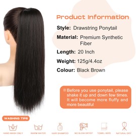 SEIKEA Ponytail Extensions Drawstring Long Straight Fake Pony Tail Natural Soft Clip in Hair Extension Synthetic Heat Resistant Hairpiece 20 Inch Black Brown
