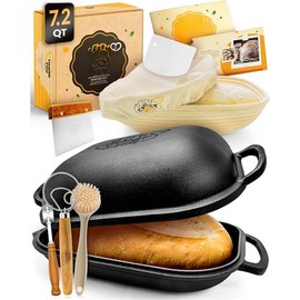 Cast Iron Bread-Pan with Lid - incl. Sourdough Bread Baking Supplies - like Banneton Bread-Proofing Basket - 7.2QT Bread-Oven Dutch, Oven for Bread-Baking Cast Iron Pan Scoring Tool Lame Kit - Color: 5QT Dutch Oven