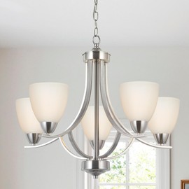 VINLUZ 5 Light Rustic Farmhouse Pendant Lighting with Opal White Glass Shade Adjustable Kitchen Island Lights in Brushed Nickel Finish Hanging Chandelier for Dining Room Ceiling Lighting