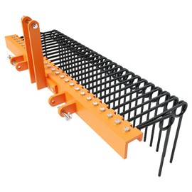 60 Inch 3 Point Tractor Rake, Pine Straw Needle Rake, Durable Powder Coated Steel Spring Landscape Rakes Fit for Cat0, Cat1, Orange