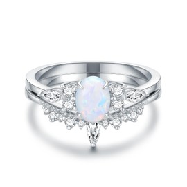 MOTIEL Opal Engagement Ring for Women 925 Sterling Silver 1 Carat Oval Opal Ring Set with Cubic Zirconia Opal Bridal Set Promise Ring for Her-8
