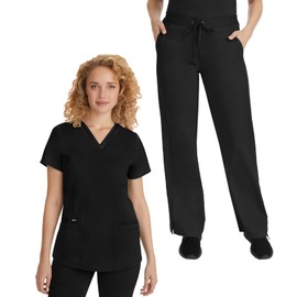 Healing Hands Scrub Set For Women with 5 Pockets, V-Neck Scrub Top 2278, and Taylor Pants 9095 with 2-Way Stretch Technology, Black- M Top/M Pant
