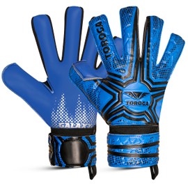 TOROGA Football Goalkeeper Gloves For Boys, Kids Children Youth Soccer Goalie Gloves with 4mm Latex Finger Spine Protection (Blue Flat+Negative Cut, 5 - For 9-12 Years, Ambidextrous)
