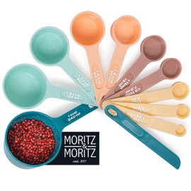 Moritz & Moritz 11-Piece Measuring Spoon Set 1/4 TSP to 1 Cup - Stackable - Measuring Cups and Measuring Spoons 1.25 - 240 ml Including Spreading Ruler - For Cooking & Baking with Children (Colourful)