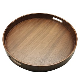 16" Large Round Wooden Serving Tray with 2”Sides, Circle Walnut Food Storage Display Platter Plate with Handles, Decorative Wood Tray for Coffee Table, Ottoman, Vanity, Kitchen, Bathroom