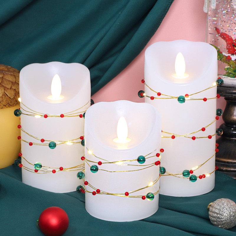 Holiday Flameless LED Candle Christmas Candles with Red Green Beads