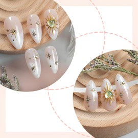 Almond Press on Nails Medium Almond 3D Fake Nails Sun Star Heart Nails Press ons With Rhinestone design Pink Nude Glitter Acrylic Glue On Nails Artificial Stick on Nails for Women 24Pcs