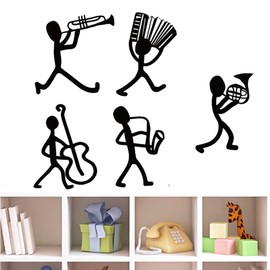 WKRTDY Music Band Wall Stickers (Pack of 5) - Black Wall Decoration for Office, Living Room, Dining Room and Kitchen - Sheet Music, Drum Prints, Dancing Characters - Removable Music Stickers