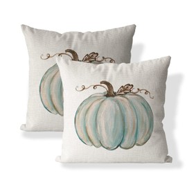 AOFANGGO Set of 2 Fall Pillow Covers Autumn Decorative Throw Pillow Cases 18x18 Inch Light Blue Pumpkin Cushion Covers Faux Linen,Farmhouse,Thanksgiving,Home Décor