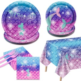 Mermaid Birthday Decorations - 81Pcs Mermaid Party Supplies Including Mermaid Plates and Napkins, Mermaid Tablecloth, Pink Forks for Kids Under the Sea Mermaid Birthday Party Supplies, Serves 20