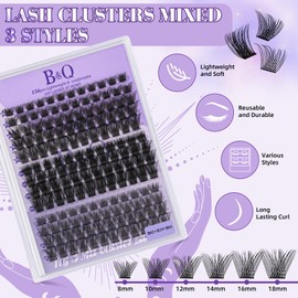Lash Extension Kit B01+B02+B19 Eyelash Extension Kit B&Q DIY Lash Extension Kit 156 PCS Lash Clusters 8-18mm Cluster Eyelash Extensions Kit with Lash Bond and Seal Lash Applicator Tool (Kit,Andromeda)