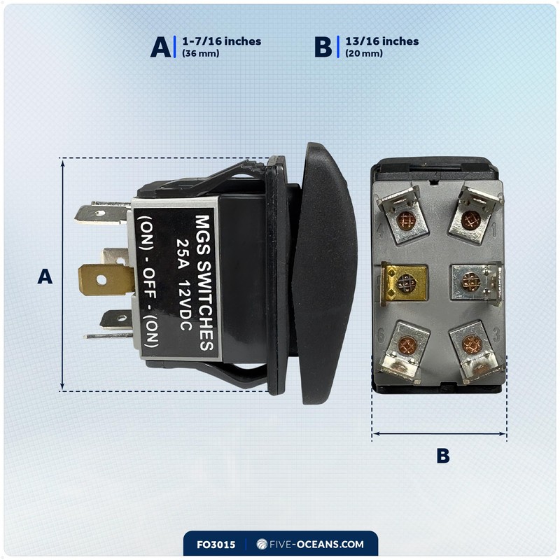 Five Oceans 6-Pin LED (On)-Off-(On) Momentary Rocker Switch, 25A/12V DC