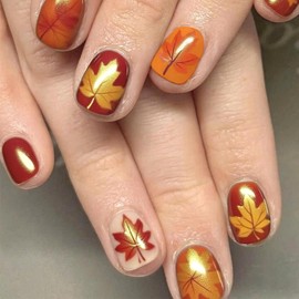 Thanksgiving Press on Nails Short Square Fall Maple Leaf False Nail Full Cover Glossy Acrylic Artificial Fingernails Red Maple Leaf Pattern Festival Stick on Nail Press Ons Glue on Nails for Women