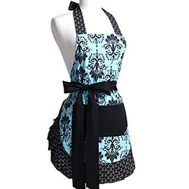 LroHan Women's Floral Apron with Pockets Vintage Ladies Adjustable Chefs Aprons for Kitchen Cooking Baking and Gardening