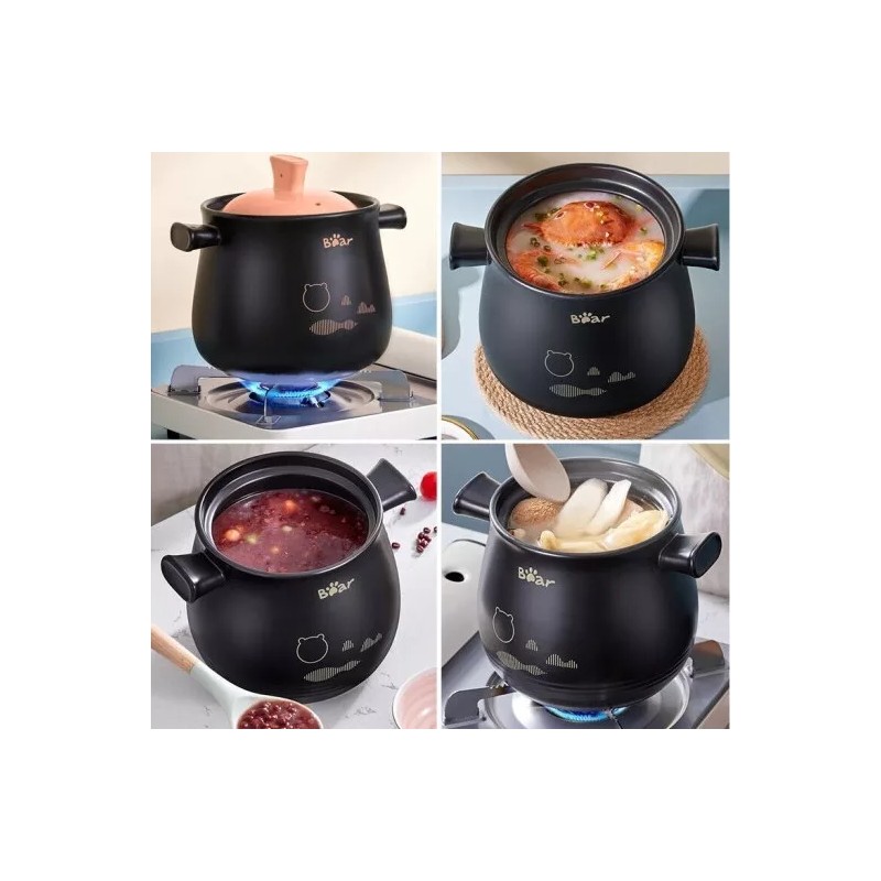 Bear Round Black Stoneware Clay Pot Casserole Dish with Pink