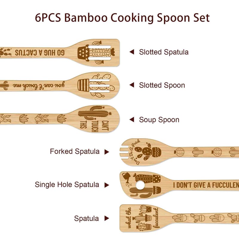 GLOBLELAND 6Pcs Owl Bamboo Cooking Utensils Wooden Engraved Cooking Spoons