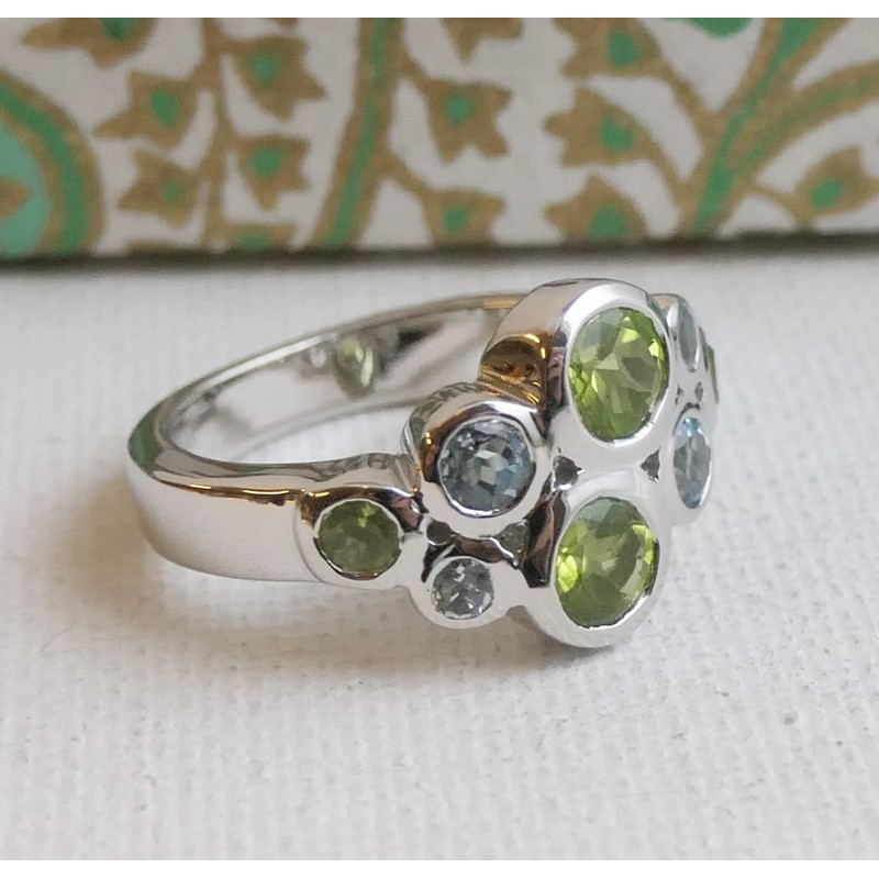 Peridot and Blue Topaz Gemstone Cocktail Sterling Silver Ring US