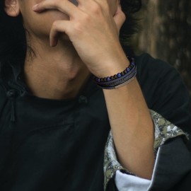 Raymard Mens Tiger Eye Black Obsidian Lava Rock Lapis Lazuli Stone Beaded Bracelet,Wrap Braided Leather Cuff Bangle Bracelet for Men,Stainless Steel Clasp-Lapis Lazuli