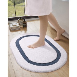 LUMI Bath Mats for Bathroom Non Slip, Premium Super Water Absorbent Bathroom Rugs, Ultra Soft, Machine Washable Oval Bath Mats for Bathroom, Bathtub, Bedroom, 17"x30", White and Blue
