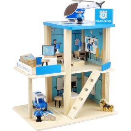 BBtinker Wooden Police Station Playset Toy, Multicolor 3-Level Pretend Play Dollhouse...